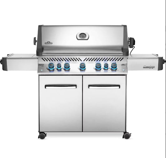 Napoleon Prestige 665 Propane Gas Grill with Infrared Rear Burner, Infrared Side Burner, And Rotisserie Kit On Stand