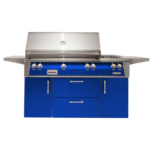 Alfresco ALXE 56 Inch Freestanding Natural Gas Grill With Sear Zone, Rotisserie, And Side Burner