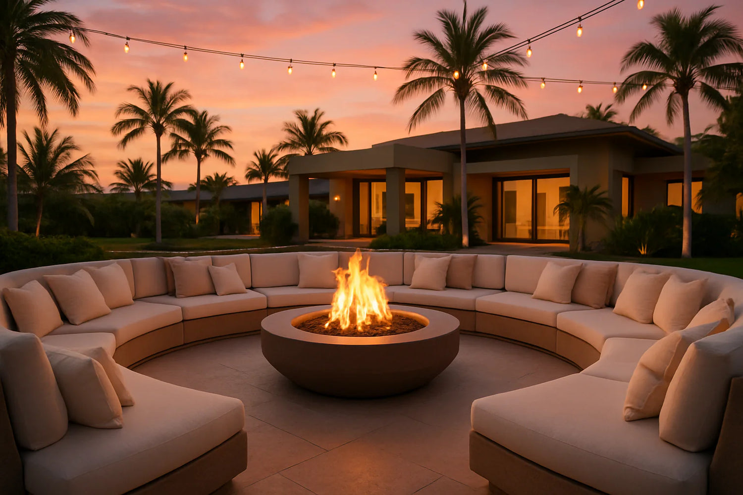 love island fire pit with white couch like in the show