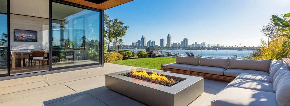 stainless steel fire pits with a city scape in the background