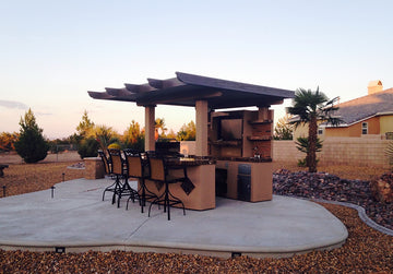 Outdoor Kitchen T.V. Media Wall with Pergola and Outdoor Bar Seating BBQ Island