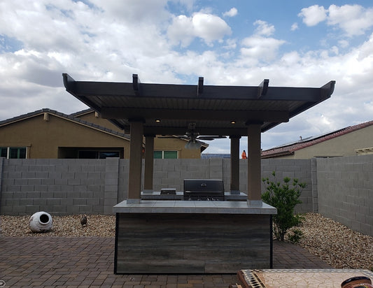 BBQ Island with Pergola 4 Burner BBQ Grill Wood Siding and Fan