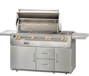 Alfresco ALXE 56-Inch Freestanding Propane Gas Deluxe Grill On Refrigerated Cart With Sear Zone, Rotisserie, And Side Burner - ALXE-56SZR-LP