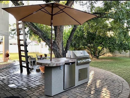 Maui 7'6" BBQ Island With 33" Round Bar on one end Led Lights and Built In BBQ