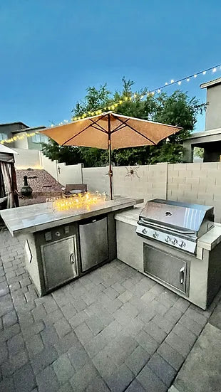 Baja/Fire L-Shaped BBQ Island with Fire-pit, 4 Burner BBQ, Outdoor Refrigerator