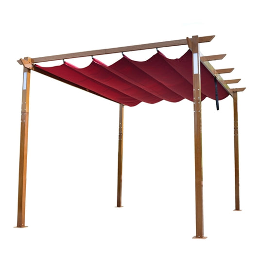 Aluminum Outdoor Retractable Pergola with Solar Powered LED Lamps and Wooden Finish - 13 x 10 Ft - Burgundy