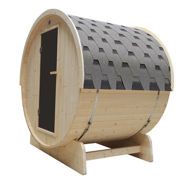 Outdoor and Indoor White Pine Barrel Sauna - 3-4 Person - 4.5 kW UL Certified Heater - Bitumen Shingle Roofing