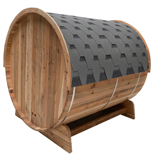 Outdoor Rustic Cedar Barrel Steam Sauna - Front Porch Canopy - UL Certified - 5-6 Person