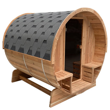 Outdoor Rustic Cedar Barrel Steam Sauna - Front Porch Canopy - UL Certified - 5-6 Person