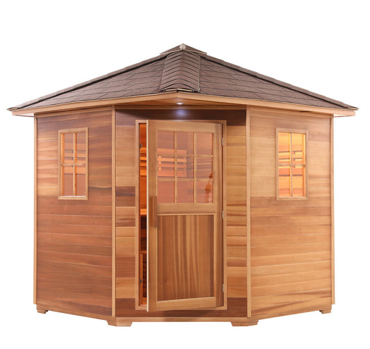 Canadian Red Cedar Wet Dry Outdoor Sauna with Asphalt Roof - 8 kW UL Certified Heater - 8 Person