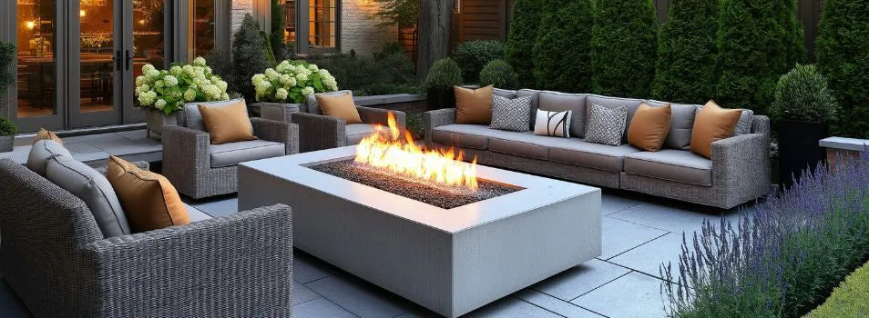 backyard patio fire pit table with seating and orange cushions