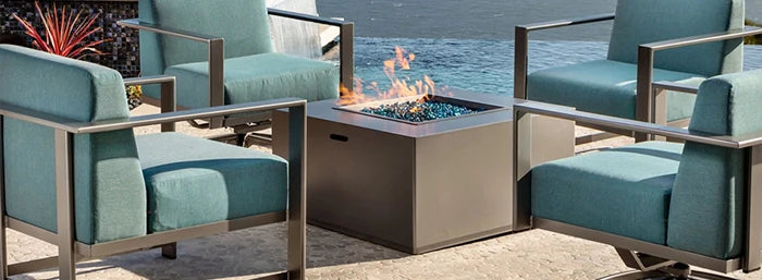 flaming square fire pit with chairs at every side