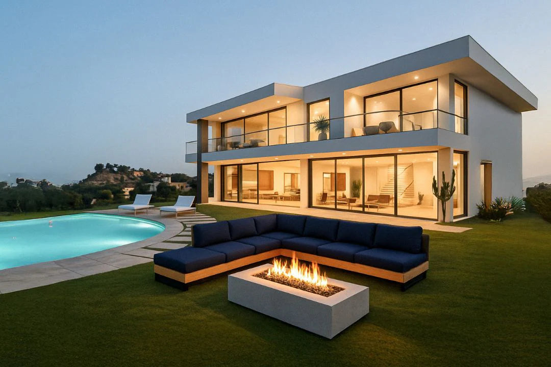 rectangular fire pit table with couch and mansion in background