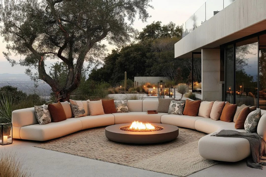 round fire pit table with large u shaped outdoor couch